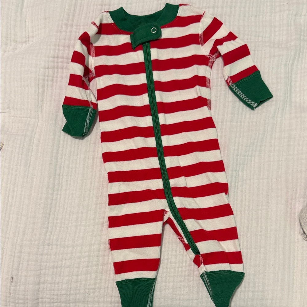 Hanna Andersson Red & White Striped Footie with Green Trim